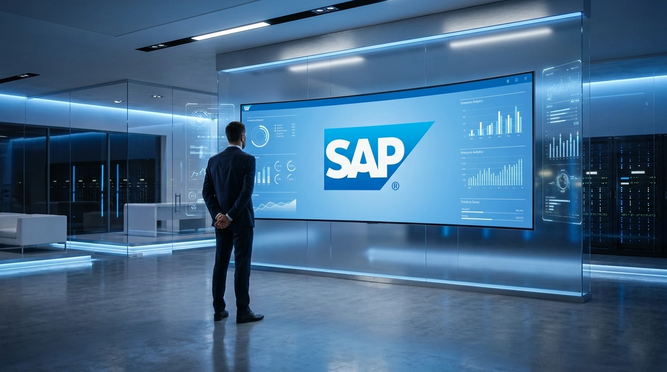 A webinar session in progress: an executive facing a large SAP analytics display in a data-centre environment